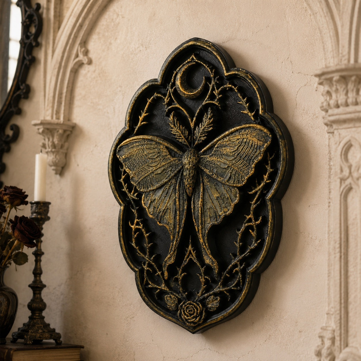 Lunar moth plaque – crescent moon and moth carved detail close-up