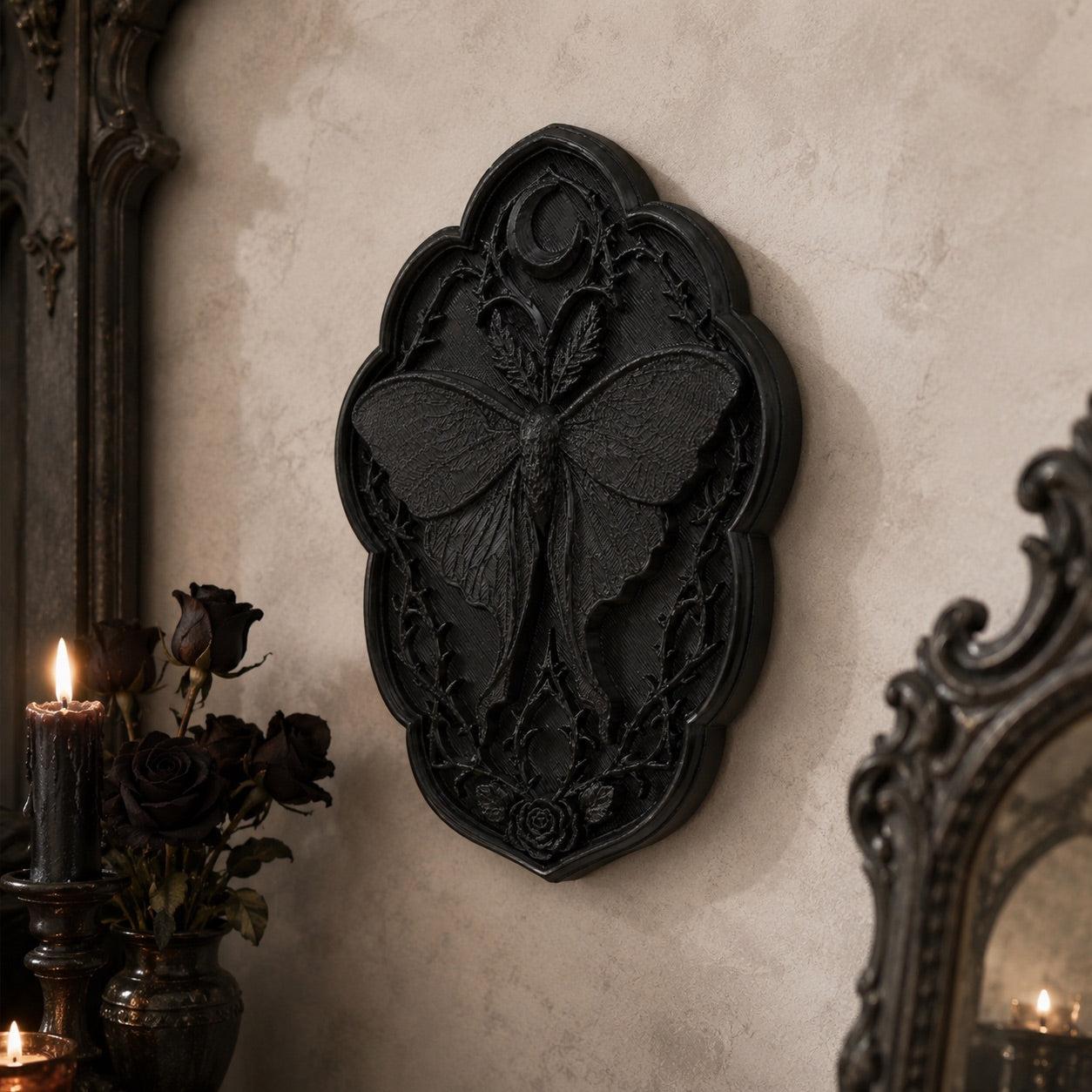 Moth crescent moon relief – gothic altar wall decor