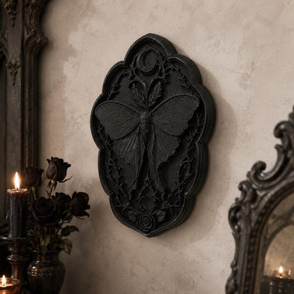 Moth crescent moon relief – gothic altar wall decor