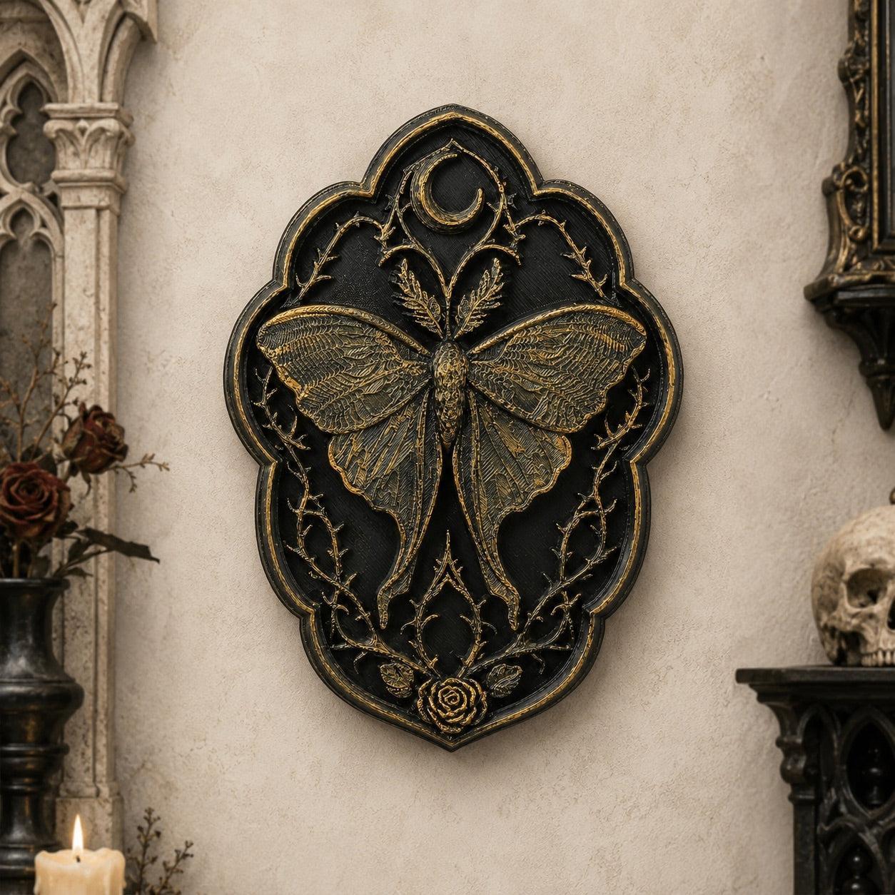 Thorn rose moth plaque – dark botanical wall hanging detail
