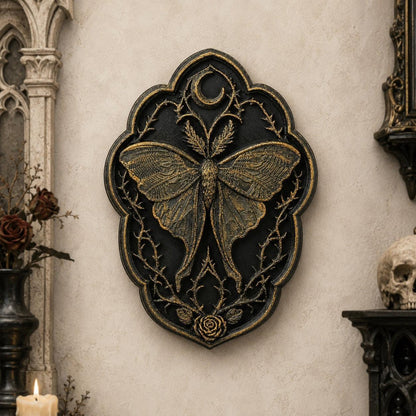Thorn rose moth plaque – dark botanical wall hanging detail