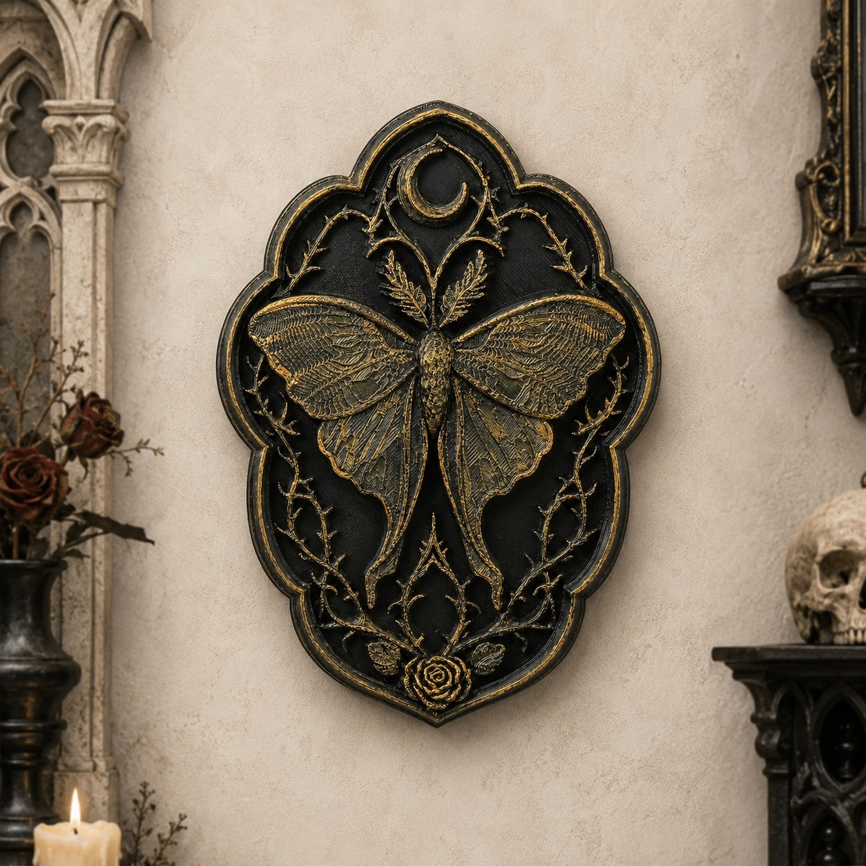 Thorn rose moth plaque – dark botanical wall hanging detail