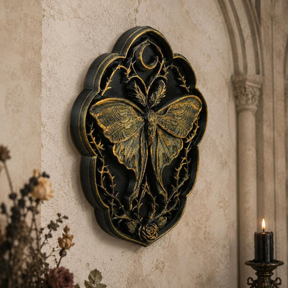 Gothic moth wall relief – thorn rose carved side view