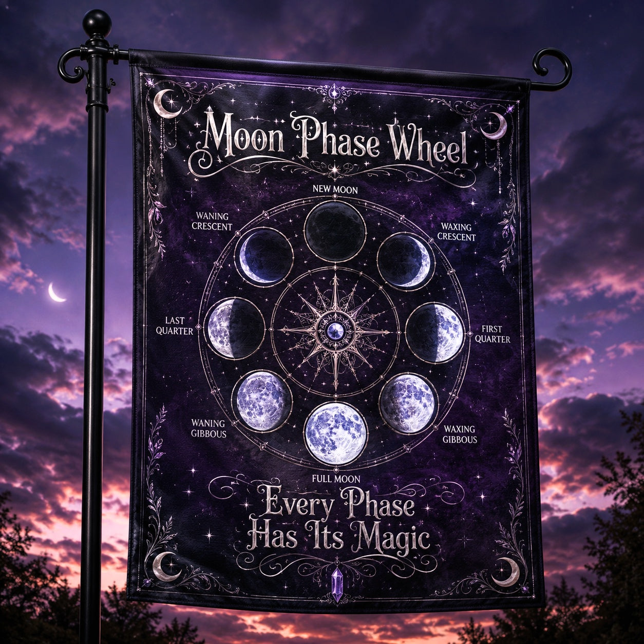 Lunar Phase Wheel Chart house flag with labeled moon cycle compass design