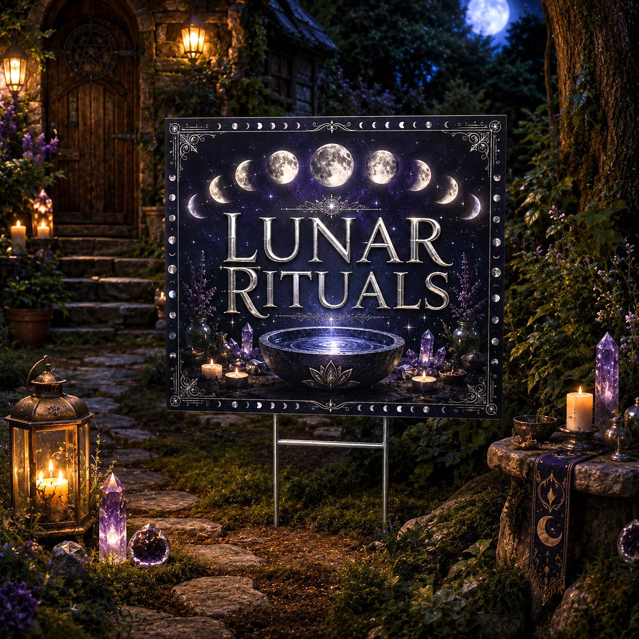 Lunar Rituals Moon Phases Cauldron Wicca Yard Sign - garden display