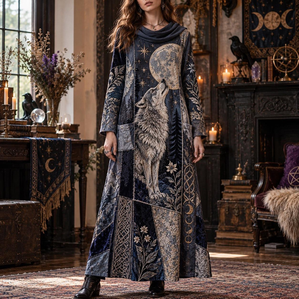 Lunar Wolf Prophecy Witchy Cowl Neck Dress – Pagan Moon Maxi – worn, front view