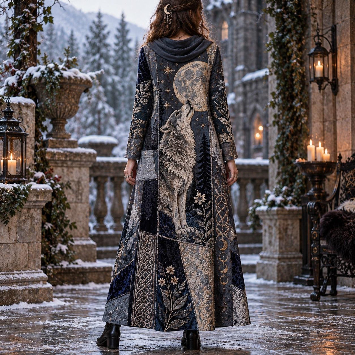 Lunar Wolf Prophecy Witchy Cowl Neck Dress – Pagan Moon Maxi – worn, back view