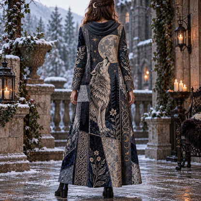 Lunar Wolf Prophecy Witchy Cowl Neck Dress – Pagan Moon Maxi – worn, back view