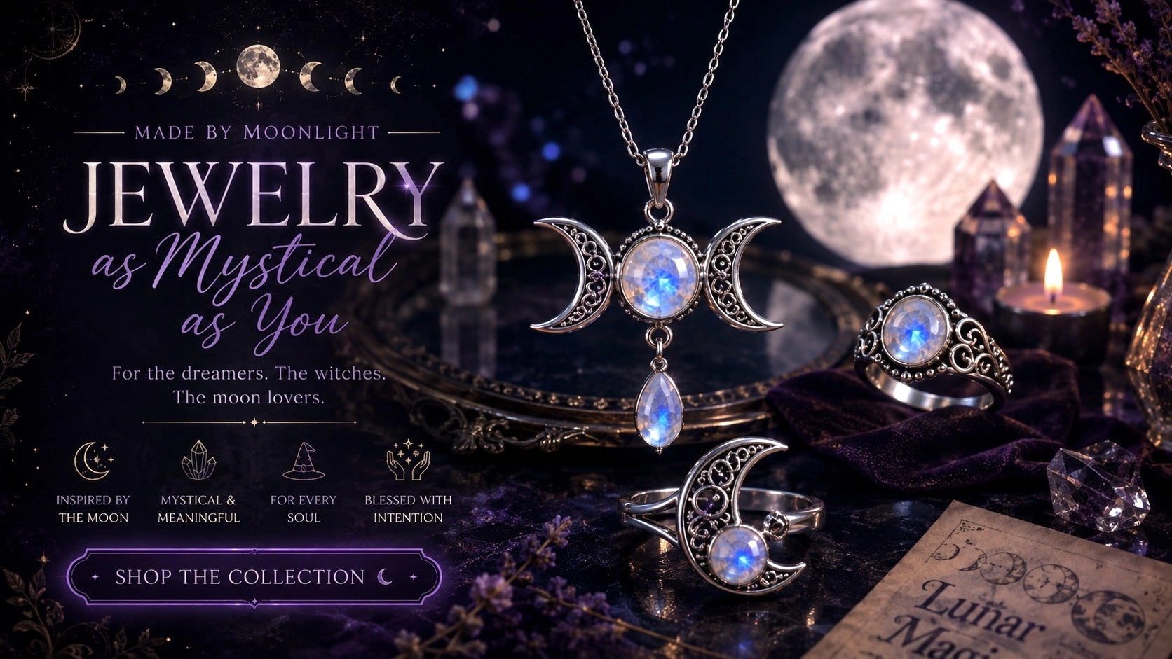 A gothic-themed jewelry collection display featuring silver-toned celestial rings and a necklace with glowing blue moon-phase pendants, set against a dark mystical background with moon phases, candles, crystals, and a large moon illustration.