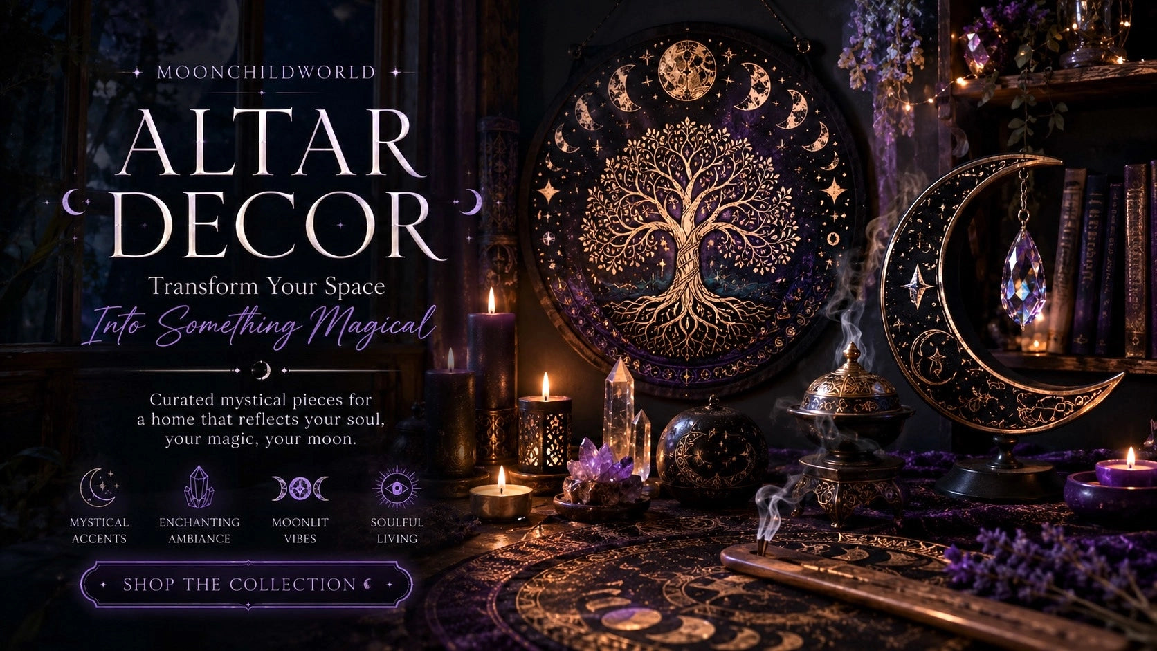 A dark, mystical altar decor collection by Moonchildworld, featuring a large circular wall plaque with a gold tree of life and moon phases, a crescent moon ornament, candles, crystals, and a patterned rug in a dimly lit room.