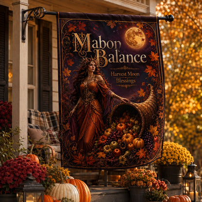 Close-up of Mabon Balance house flag showing cornucopia artwork