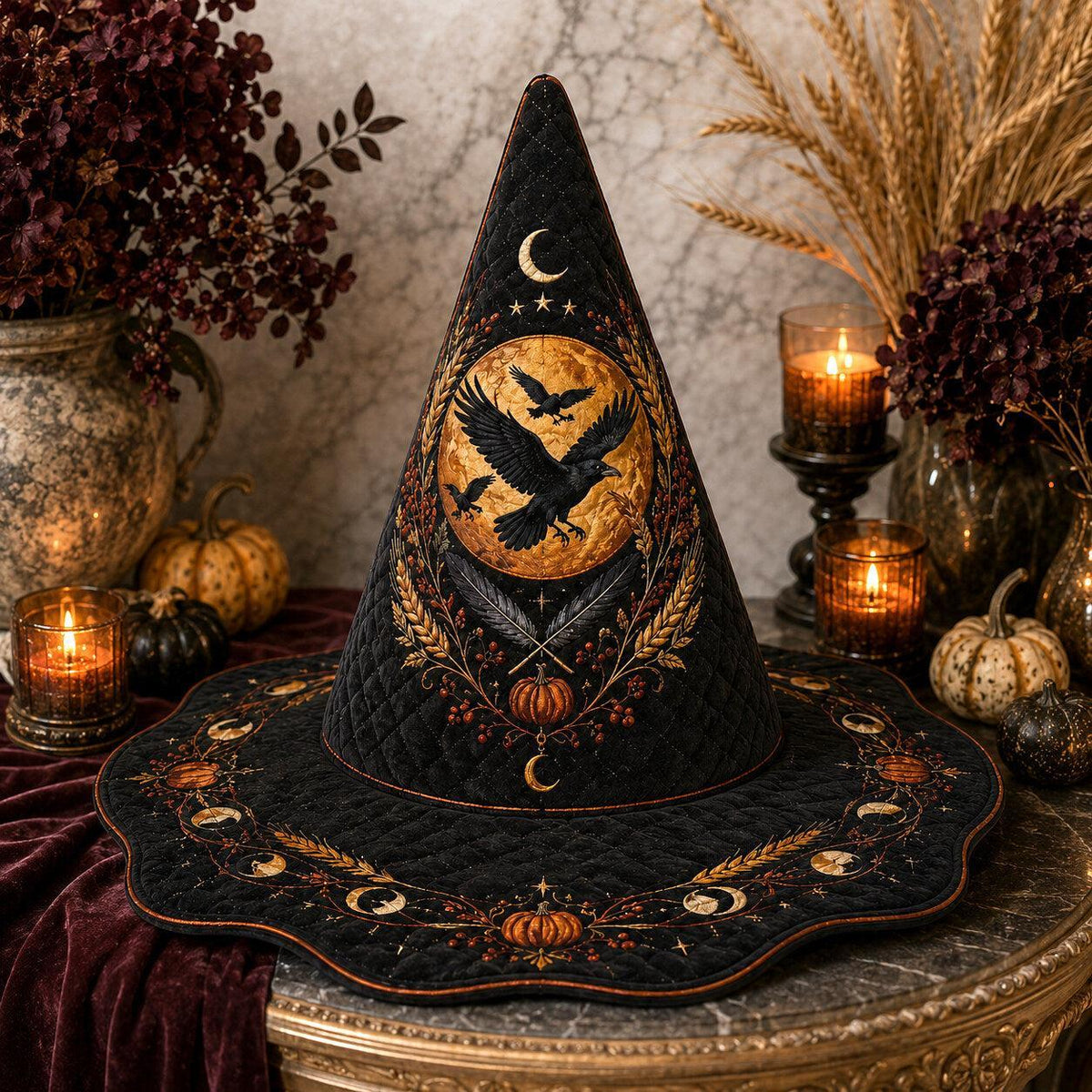 Mabon Raven Witch Hat – Harvest Moon Wheat Pagan Wide Brim Hat – styled with candles and crystals