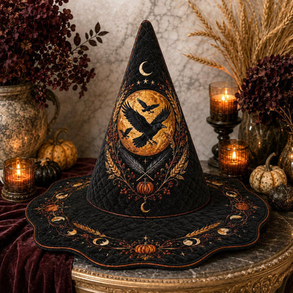 Mabon Raven Witch Hat – Harvest Moon Wheat Pagan Wide Brim Hat – styled with candles and crystals