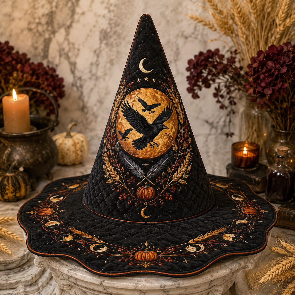 Mabon Raven Witch Hat – Harvest Moon Wheat Pagan Wide Brim Hat – on an altar table