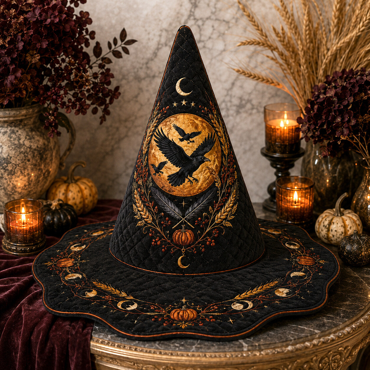 Mabon Raven Witch Hat – Harvest Moon Wheat Pagan Wide Brim Hat – styled with candles and crystals
