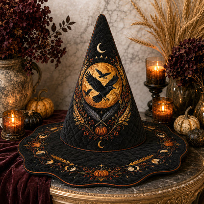 Mabon Raven Witch Hat – Harvest Moon Wheat Pagan Wide Brim Hat – styled with candles and crystals