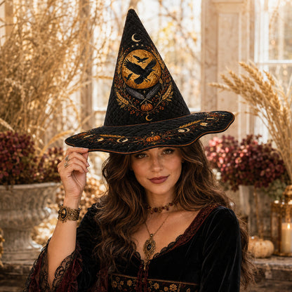 Mabon Raven Witch Hat – Harvest Moon Wheat Pagan Wide Brim Hat – worn, front view