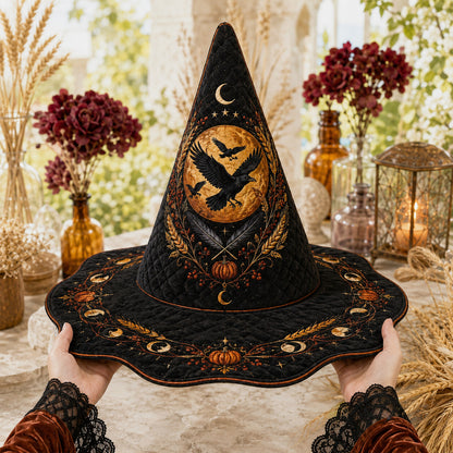 Mabon Raven Witch Hat – Harvest Moon Wheat Pagan Wide Brim Hat – held in both hands