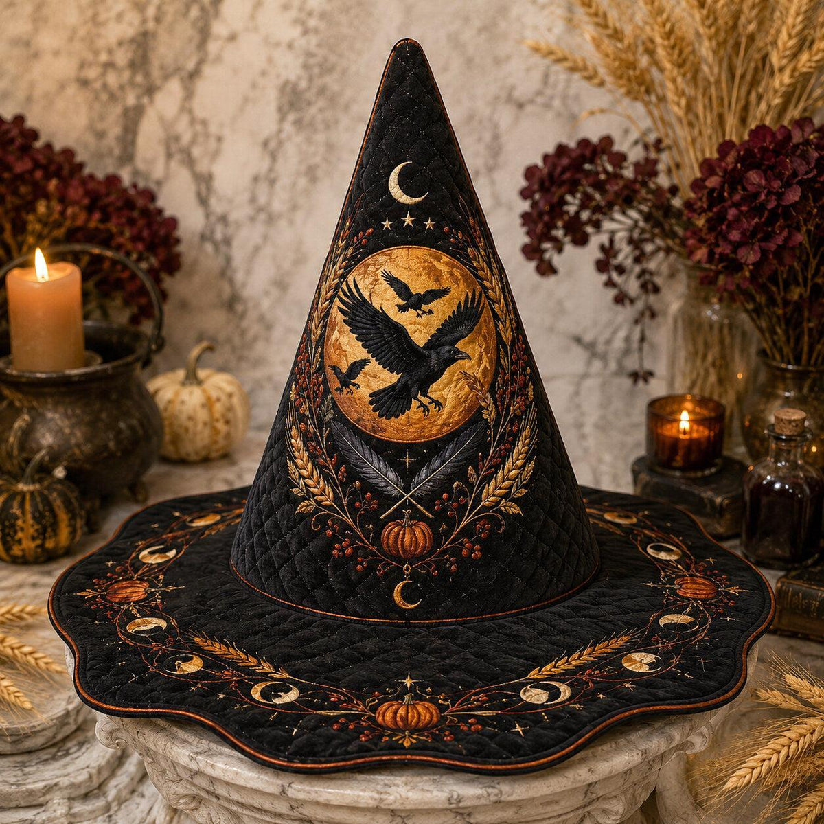 Mabon Raven Witch Hat – Harvest Moon Wheat Pagan Wide Brim Hat – on an altar table