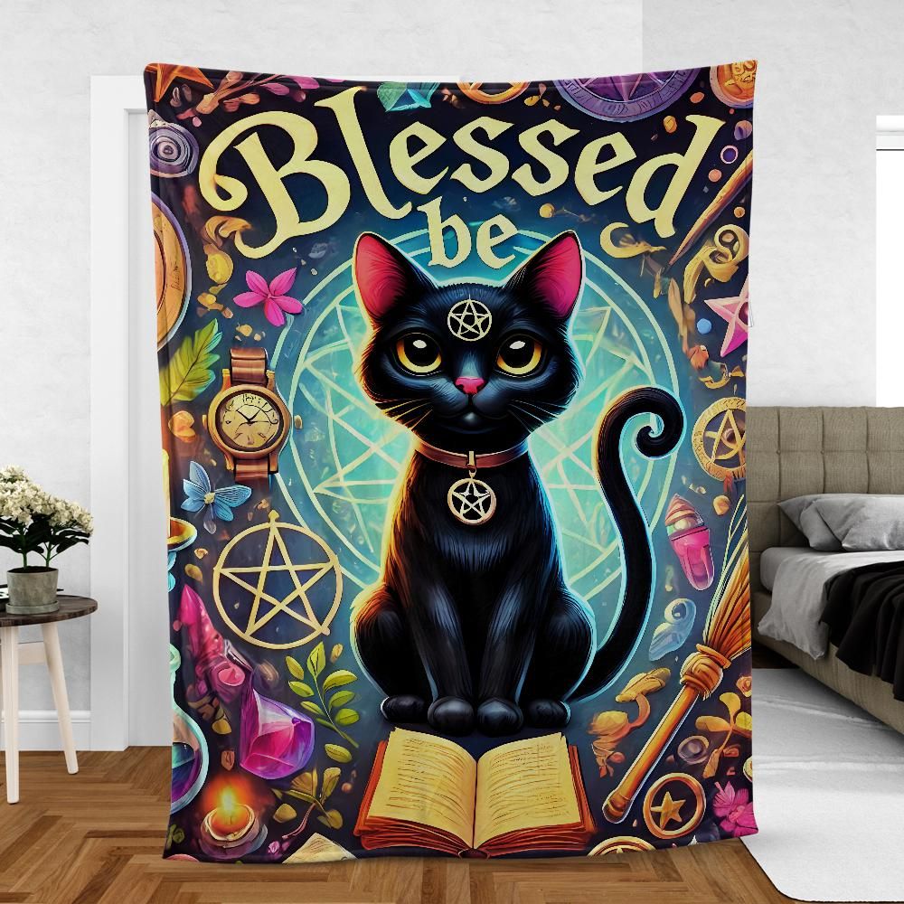Magic Black Cat Blanket – Witchy Wiccan Throw with Lunar & Occult Symbols-MoonChildWorld
