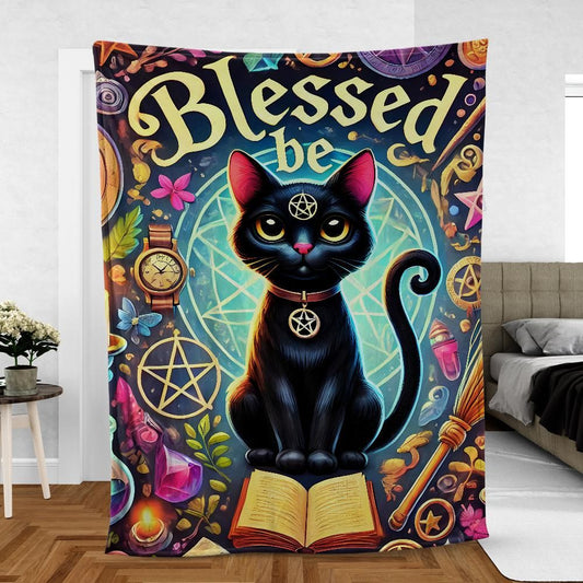 Magic Black Cat Blanket – Witchy Wiccan Throw with Lunar & Occult Symbols