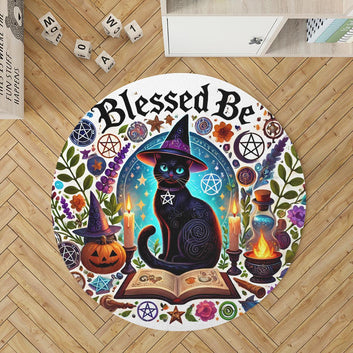 Magic Black Cat Round Rug Witchy Cat Carpet for Wiccan Home Decor-MoonChildWorld