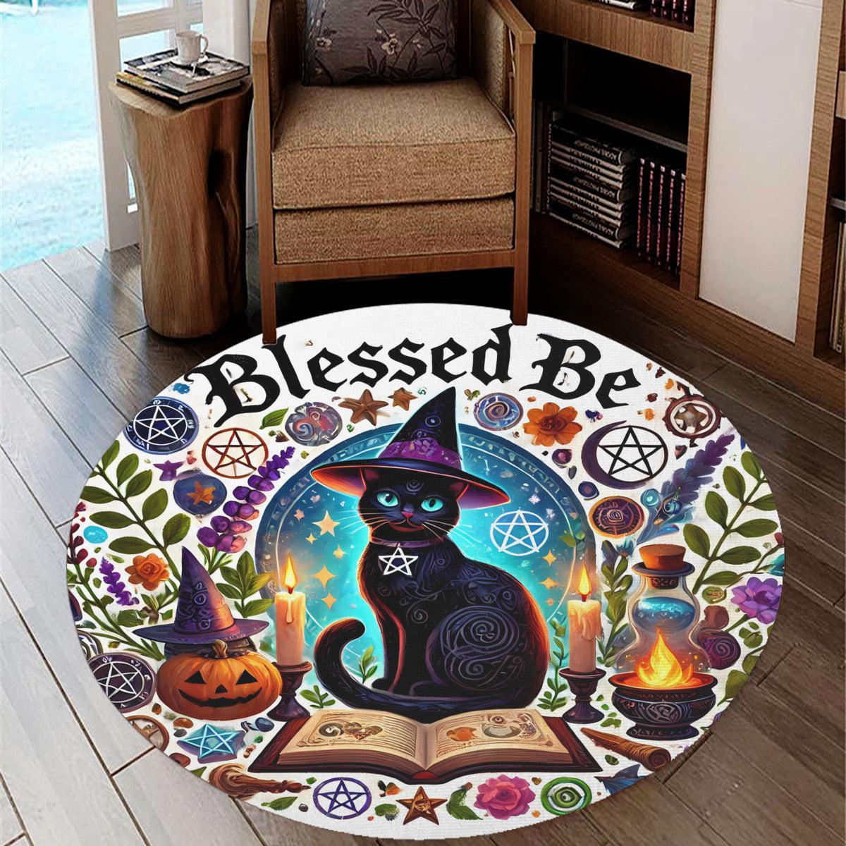 Magic Black Cat Round Rug Witchy Cat Carpet for Wiccan Home Decor-MoonChildWorld