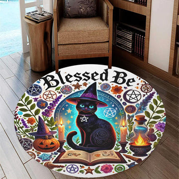 Magic Black Cat Round Rug Witchy Cat Carpet for Wiccan Home Decor-MoonChildWorld