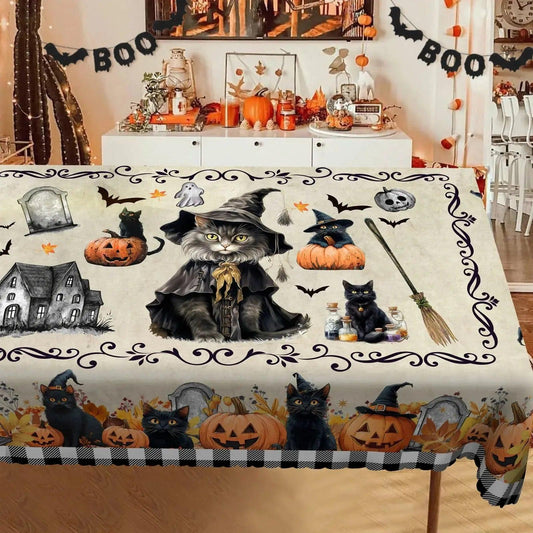 Magic Black Cat Spooky Pumpkin Haunted House Gothic Halloween Tablecloth - Witch Tablecloth Table Decoration-MoonChildWorld