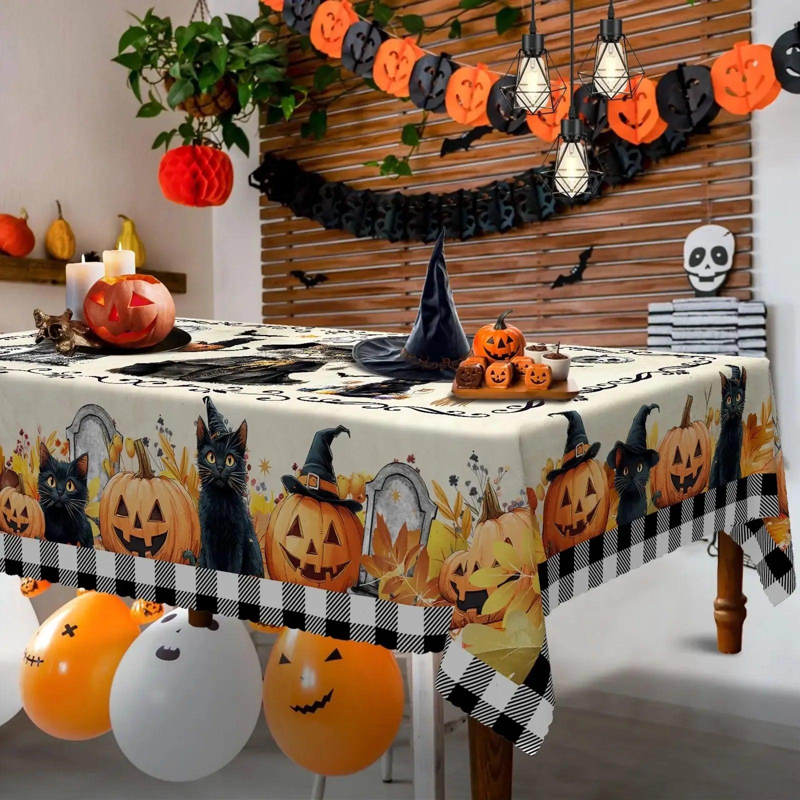 Magic Black Cat Spooky Pumpkin Haunted House Gothic Halloween Tablecloth - Witch Tablecloth Table Decoration-MoonChildWorld