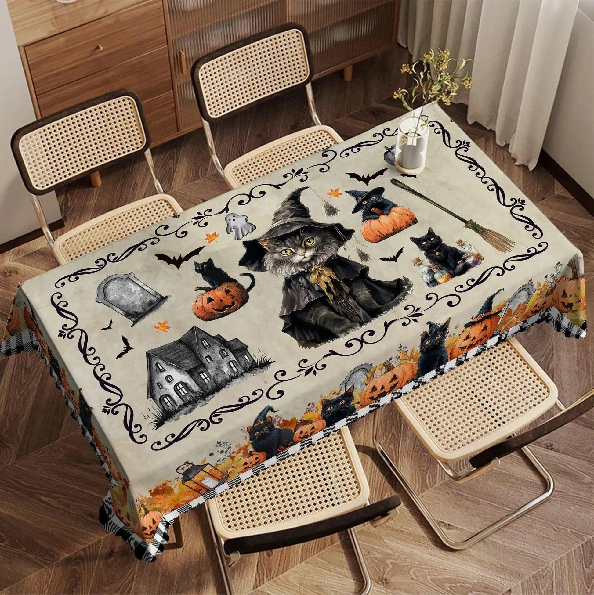 Magic Black Cat Spooky Pumpkin Haunted House Gothic Halloween Tablecloth - Witch Tablecloth Table Decoration-MoonChildWorld