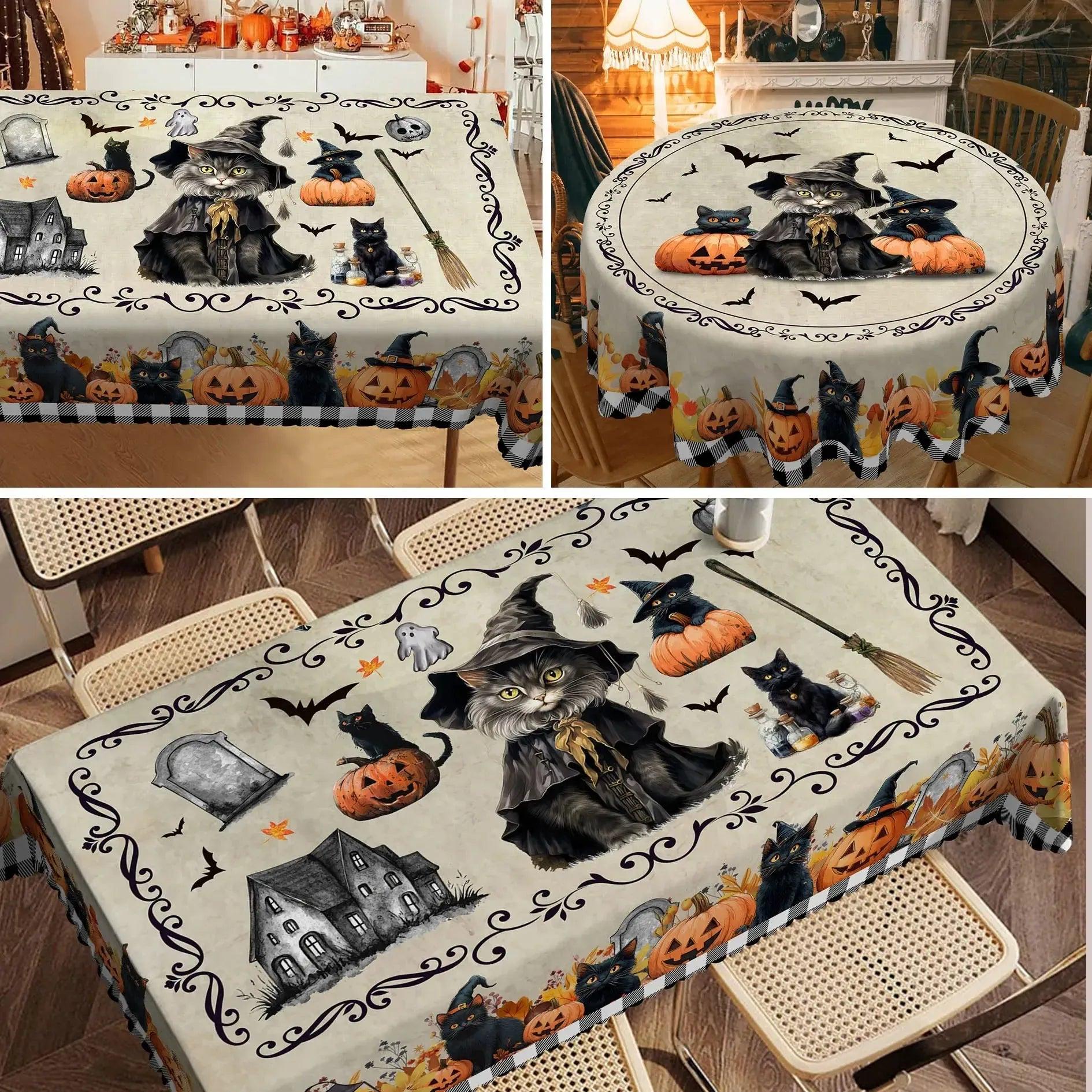 Magic Black Cat Spooky Pumpkin Haunted House Gothic Halloween Tablecloth - Witch Tablecloth Table Decoration-MoonChildWorld