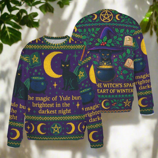 Magic Black Cat Witch Christmas Sweatshirt Wicca Yule Sweater-MoonChildWorld