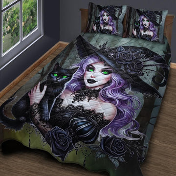 Magic Black Cat and Dark Witch Quilt Bedding Set-MoonChildWorld