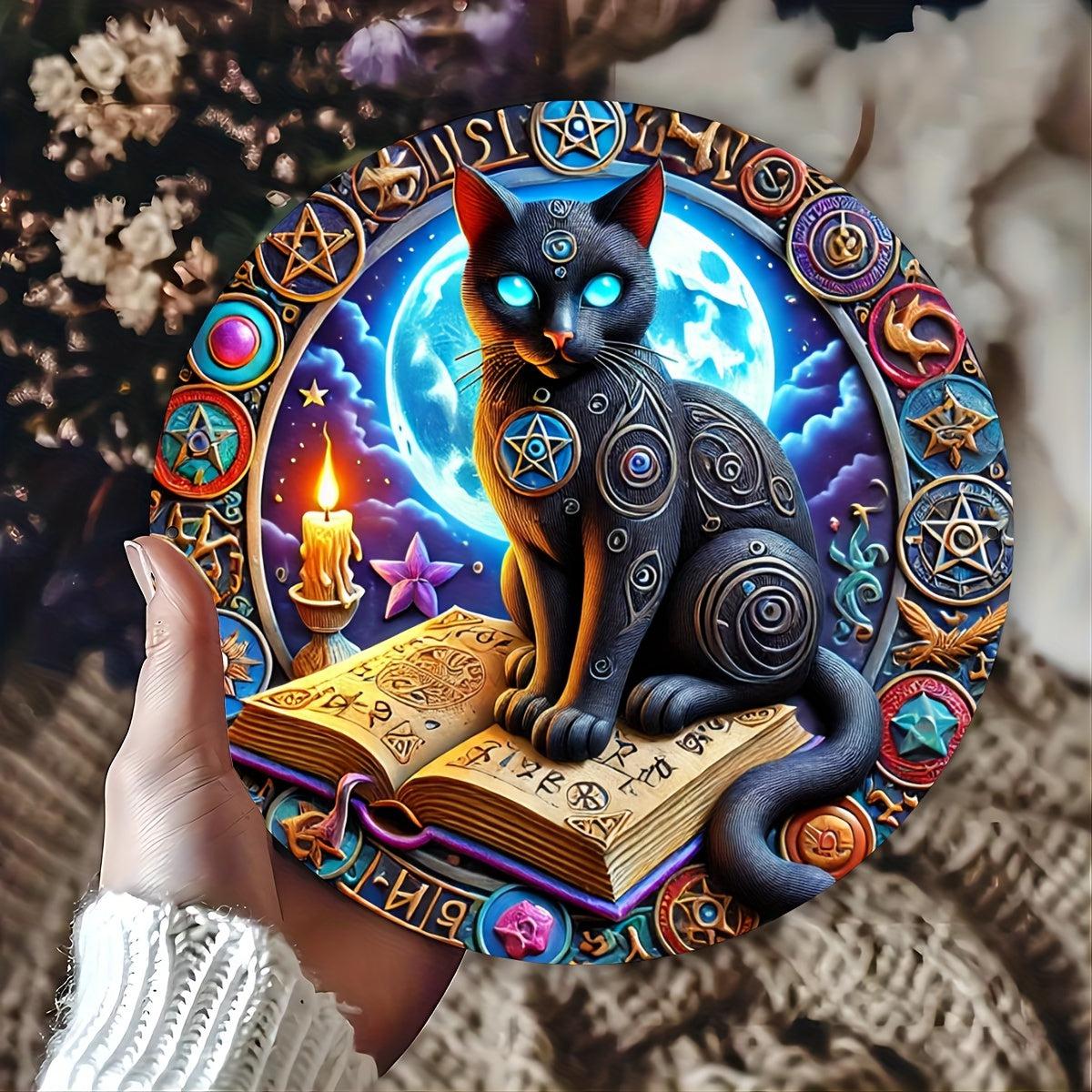 Magic Black Cat on Book of Shadows Metal Sign Occult Cat Decor-MoonChildWorld