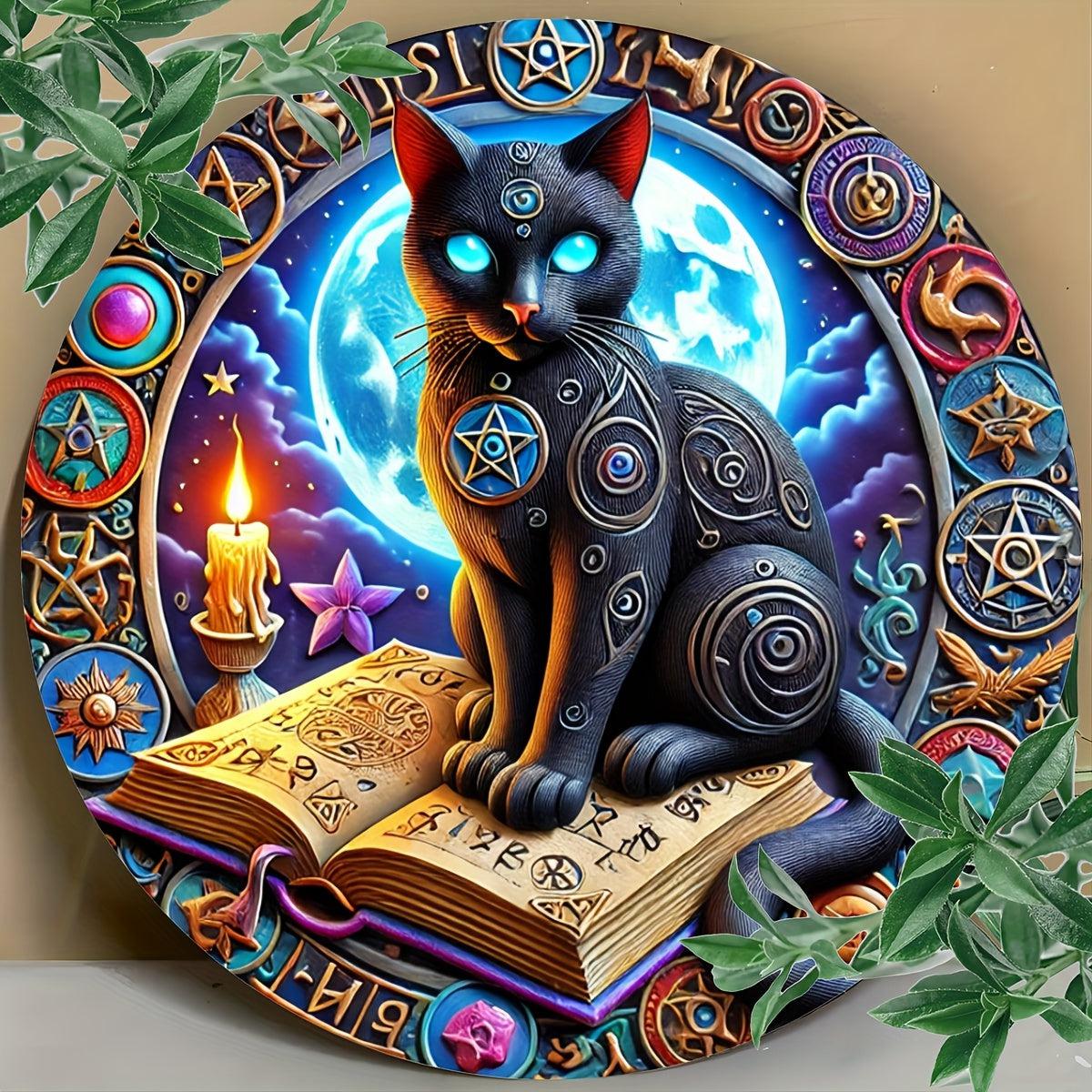 Magic Black Cat on Book of Shadows Metal Sign Occult Cat Decor-MoonChildWorld