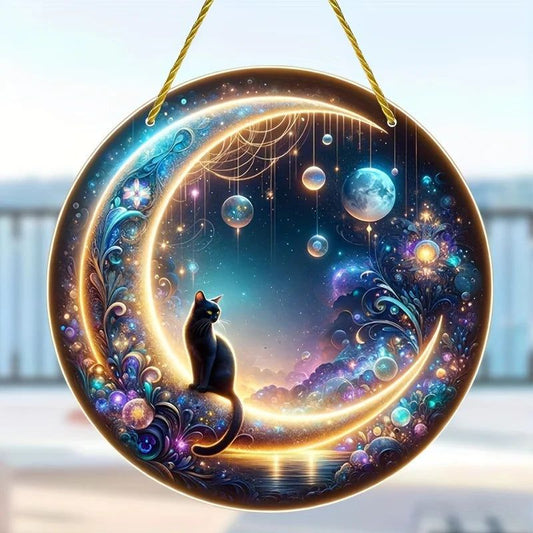 Magic Black Cat on the Moon Window Hanging Moon Acrylic Sign-MoonChildWorld