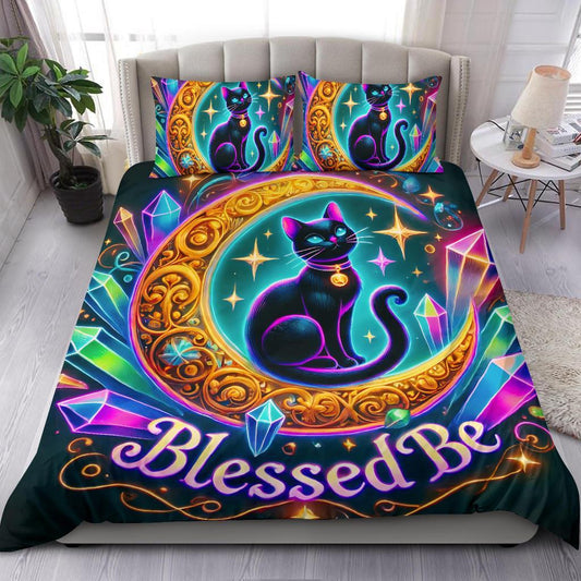 Magic Crystal Moon Wicca Black Cat Witchy Bedding Set-MoonChildWorld