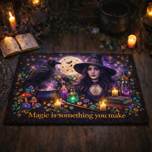 Dark crow witch doormat with purple hues, full moon, potion bottles, and "Magic is something you make" text.