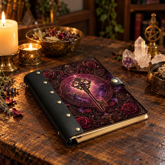 Magic Key Rose Occult Symbol Journal - Witch Book of Shadows — view 2 on a realistic Pagan ritual altar