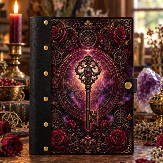 Magic Key Rose Occult Symbol Journal - Witch Book of Shadows on a candlelit pagan ritual altar