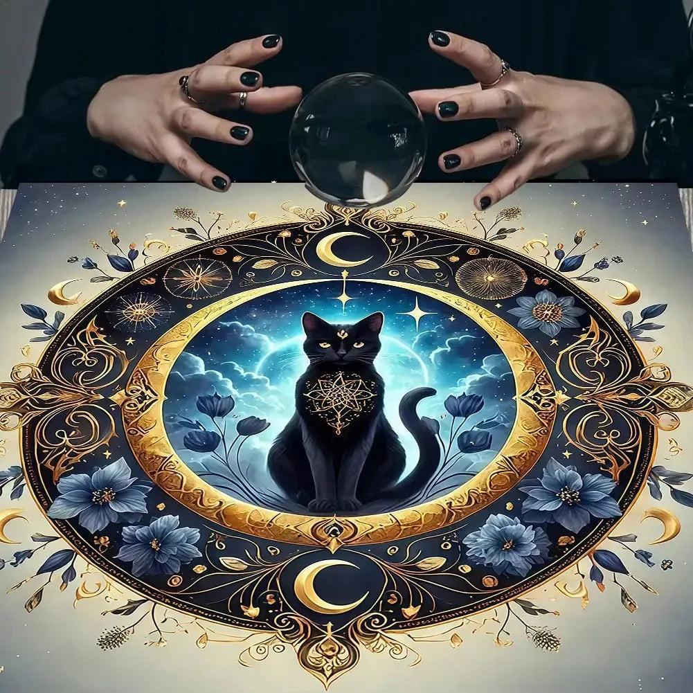 Magic Moon Black Cat Tablecloth Witch Altar Cloth Pagan Pendulum Witchcraft Astrology Card Mat-MoonChildWorld