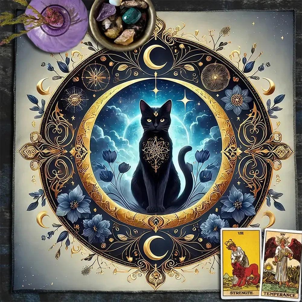 Magic Moon Black Cat Tablecloth Witch Altar Cloth Pagan Pendulum Witchcraft Astrology Card Mat-MoonChildWorld
