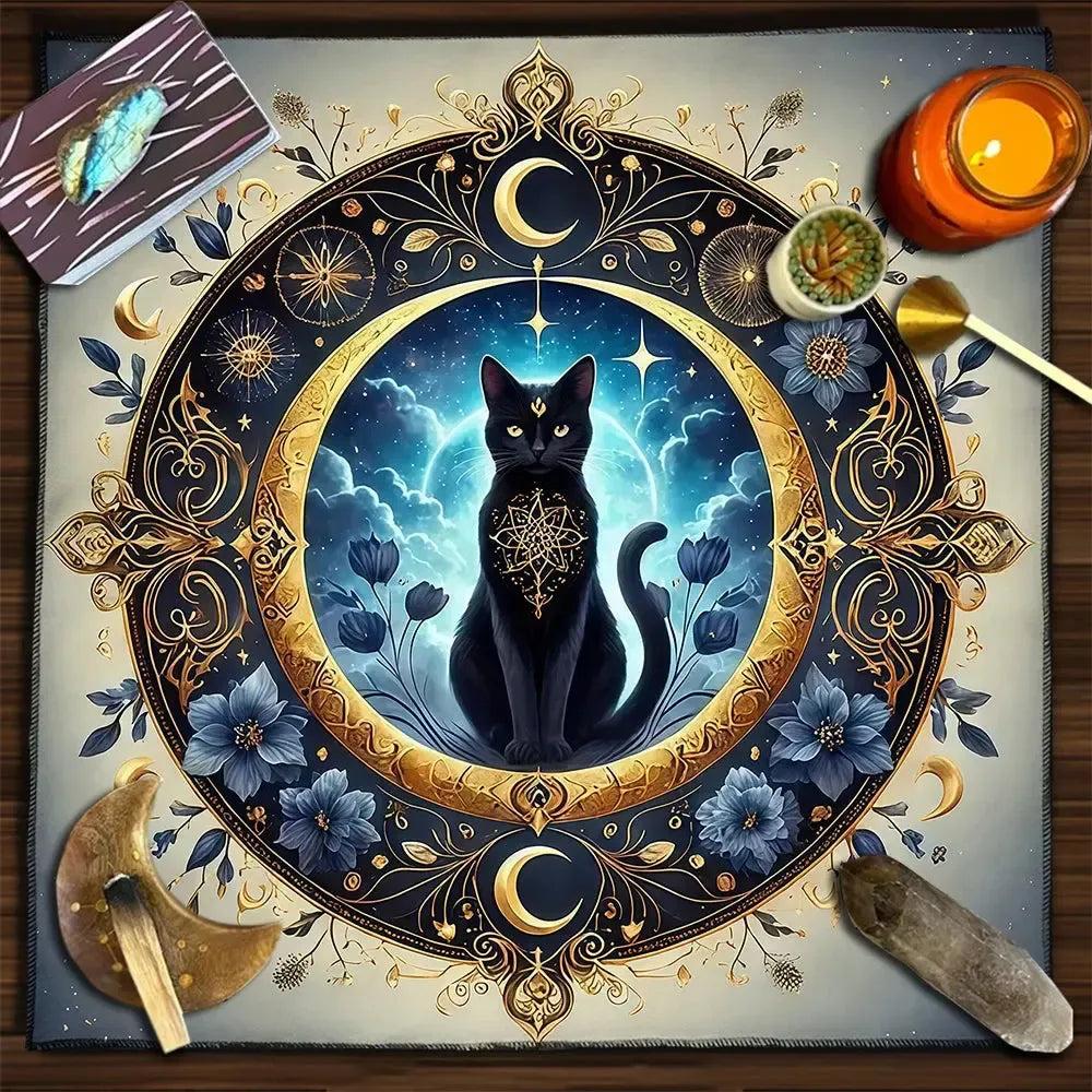 Magic Moon Black Cat Tablecloth Witch Altar Cloth Pagan Pendulum Witchcraft Astrology Card Mat-MoonChildWorld