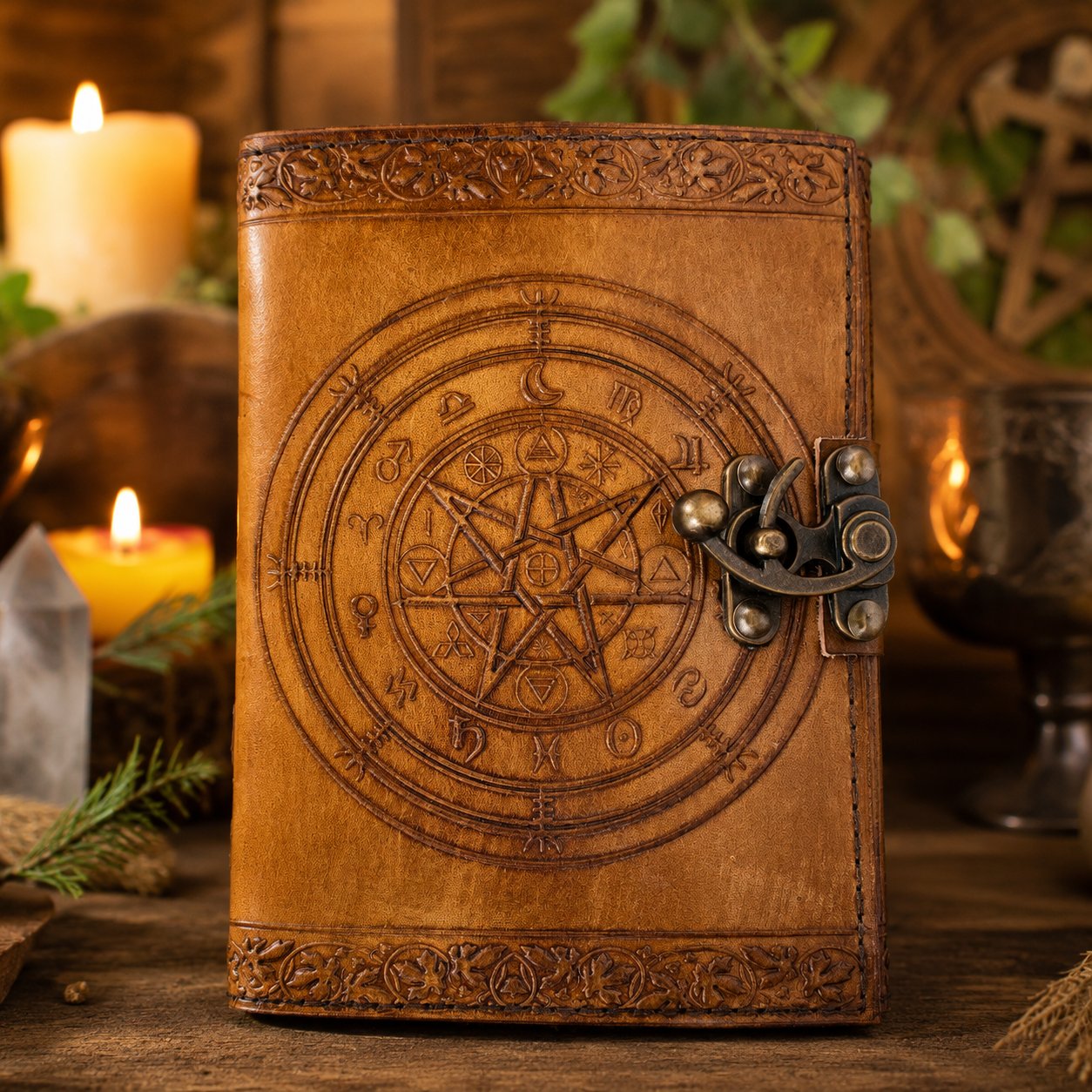 Magic Pentagram Leather Journal – Handmade Wiccan Book of Shadows Witch Notebook – leather journal, open blank pages view