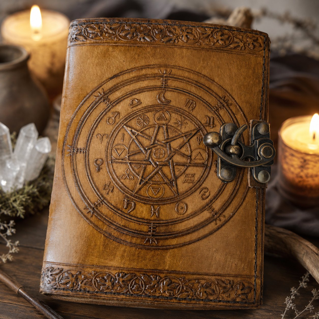 Magic Pentagram Leather Journal – Handmade Wiccan Book of Shadows Witch Notebook – leather journal, close-up cover detail