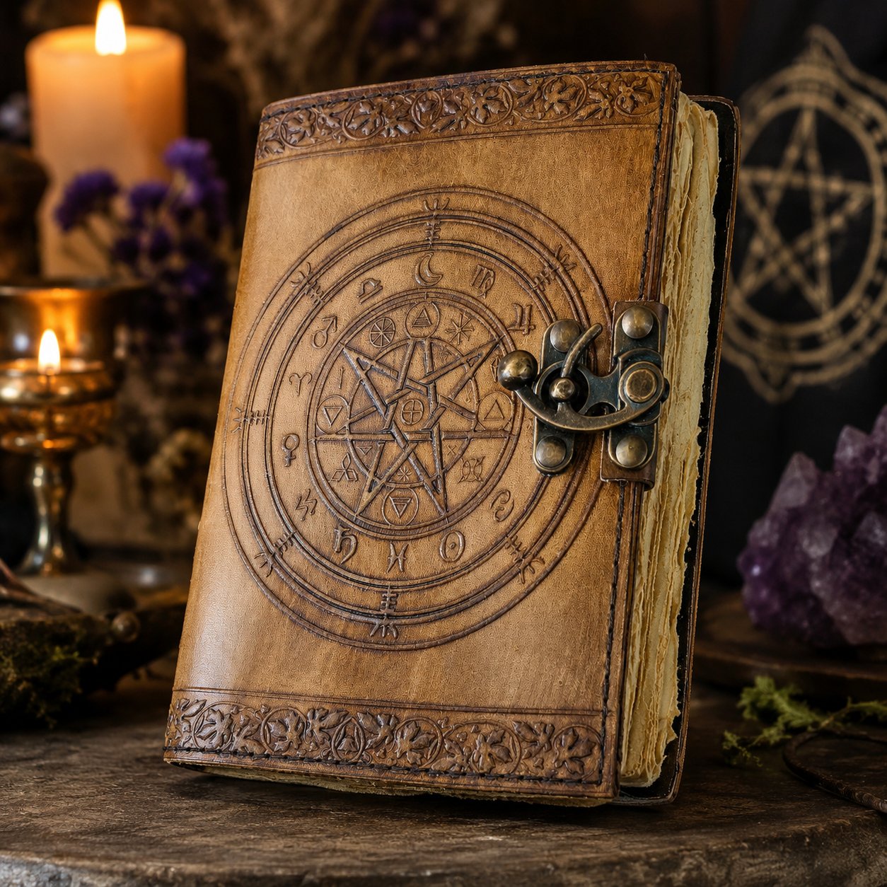 Magic Pentagram Leather Journal – Handmade Wiccan Book of Shadows Witch Notebook – leather journal, size and scale view