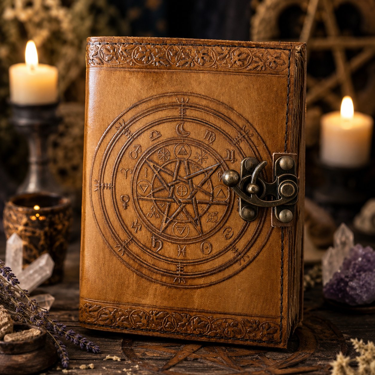 Magic Pentagram Leather Journal – Handmade Wiccan Book of Shadows Witch Notebook – leather journal, front cover view