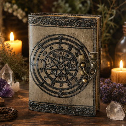 Magic Pentagram Leather Journal with Lock – Handmade Witch Grimoire Deckle Pages – leather journal, open blank pages view
