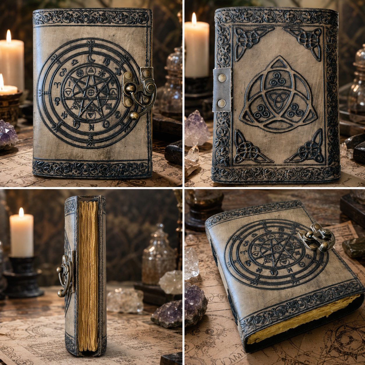 Magic Pentagram Leather Journal with Lock – Handmade Witch Grimoire Deckle Pages – leather journal, close-up cover detail